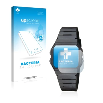 Face avant d’un emballage produit avec le logo de la marque upscreen. À côté, l’appareil Casio Collection Unisex F-91W est rep