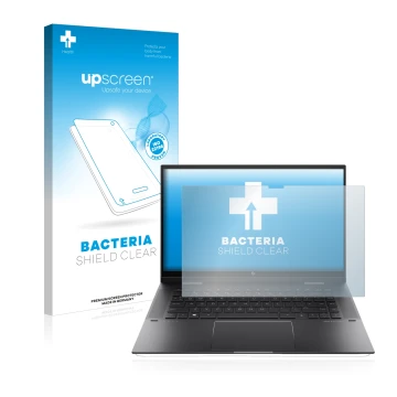 Face avant d’un emballage produit avec le logo de la marque upscreen. À côté, l’appareil HP Envy x360 (15-eX) (359 mm x 228.2 