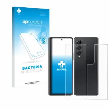 Face avant d’un emballage produit avec le logo de la marque upscreen. À côté, l’appareil Samsung Galaxy Z Fold 3 5G (Avant+Arr