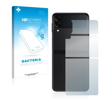 Face avant d’un emballage produit avec le logo de la marque upscreen. À côté, l’appareil Samsung Galaxy Z Flip 3 5G (Arrière) 
