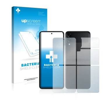 Face avant d’un emballage produit avec le logo de la marque upscreen. À côté, l’appareil Samsung Galaxy Z Flip 3 5G (Avant+Arr