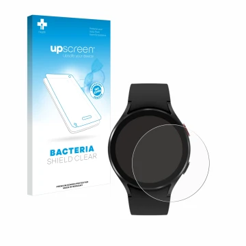Face avant d’un emballage produit avec le logo de la marque upscreen. À côté, l’appareil Samsung Galaxy Watch 4 (44mm) est rep