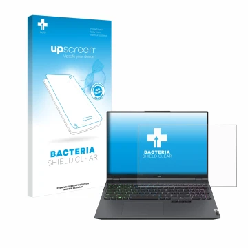 Face avant d’un emballage produit avec le logo de la marque upscreen. À côté, l’appareil Lenovo Legion 5 Pro est représenté av