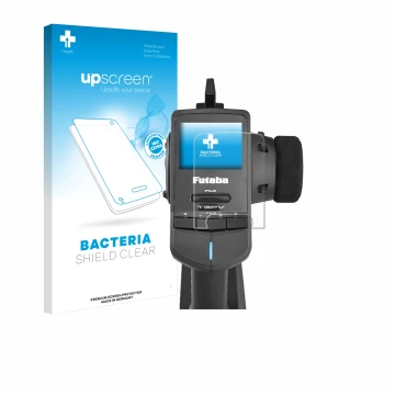 Face avant d’un emballage produit avec le logo de la marque upscreen. À côté, l’appareil Futaba T3PV est représenté avec la pr