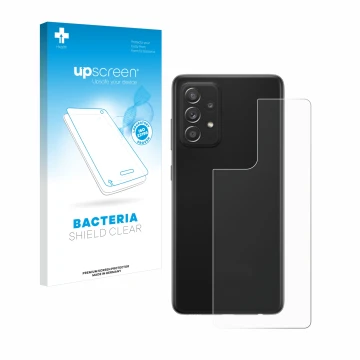 Face avant d’un emballage produit avec le logo de la marque upscreen. À côté, l’appareil Samsung Galaxy A52s 5G (Arrière) est 