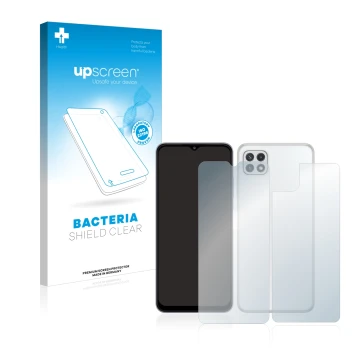 Face avant d’un emballage produit avec le logo de la marque upscreen. À côté, l’appareil Samsung Galaxy A22 5G (Avant+Arrière)