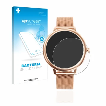 Face avant d’un emballage produit avec le logo de la marque upscreen. À côté, l’appareil Naixues Smartwatch CF80 1.08