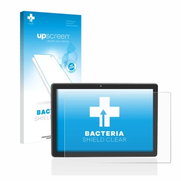 Face avant d’un emballage produit avec le logo de la marque upscreen. À côté, l’appareil Majestic Tab-912 4G est représenté av