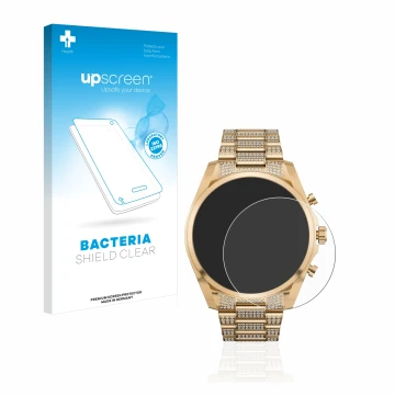 Face avant d’un emballage produit avec le logo de la marque upscreen. À côté, l’appareil Michael Kors Access Gen 6 Bradshaw es