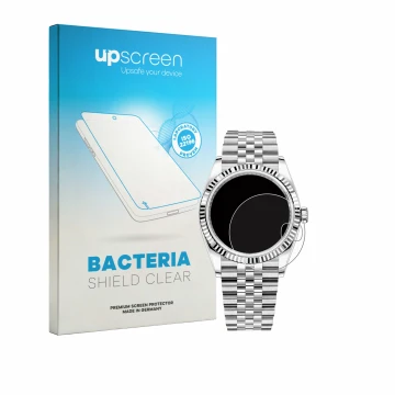 Face avant d’un emballage produit avec le logo de la marque upscreen. À côté, l’appareil Rolex Datejust 36 est représenté avec