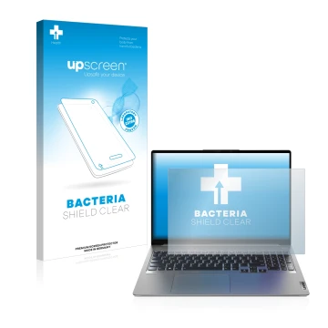 Face avant d’un emballage produit avec le logo de la marque upscreen. À côté, l’appareil Lenovo IdeaPad 5 Pro 16