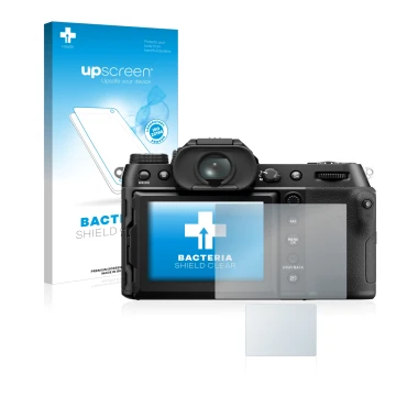 Face avant d’un emballage produit avec le logo de la marque upscreen. À côté, l’appareil Fujifilm GFX50S II est représenté ave