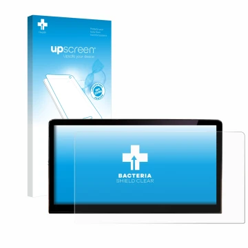 Face avant d’un emballage produit avec le logo de la marque upscreen. À côté, l’appareil Skoda Enyaq iV 80 2021 Infotainment S