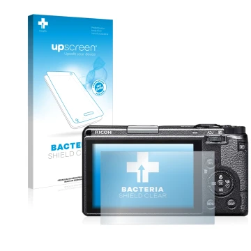 Face avant d’un emballage produit avec le logo de la marque upscreen. À côté, l’appareil Ricoh GR IIIx est représenté avec la 