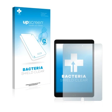 Face avant d’un emballage produit avec le logo de la marque upscreen. À côté, l’appareil Apple iPad 10.2