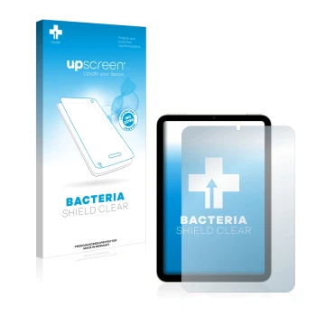 Face avant d’un emballage produit avec le logo de la marque upscreen. À côté, l’appareil Apple iPad Mini 6 2021 est représenté