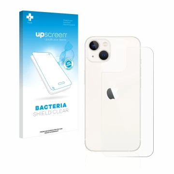 Face avant d’un emballage produit avec le logo de la marque upscreen. À côté, l’appareil Apple iPhone 13 (Arrière) est représe