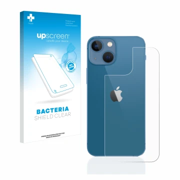 Face avant d’un emballage produit avec le logo de la marque upscreen. À côté, l’appareil Apple iPhone 13 mini (Arrière) est re