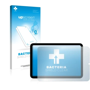 Face avant d’un emballage produit avec le logo de la marque upscreen. À côté, l’appareil Apple iPad Mini 6 2021 (en paysage, 6