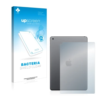 Face avant d’un emballage produit avec le logo de la marque upscreen. À côté, l’appareil Apple iPad 10.2
