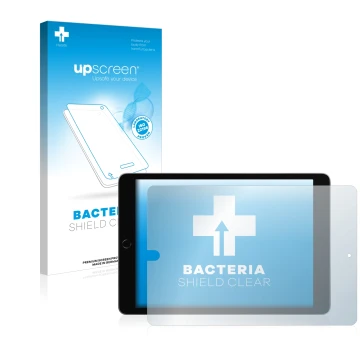 Face avant d’un emballage produit avec le logo de la marque upscreen. À côté, l’appareil Apple iPad 10.2