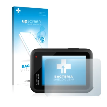 Face avant d’un emballage produit avec le logo de la marque upscreen. À côté, l’appareil GoPro Hero 10 Black est représenté av