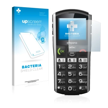 Face avant d’un emballage produit avec le logo de la marque upscreen. À côté, l’appareil Emporia Simplicity est représenté ave