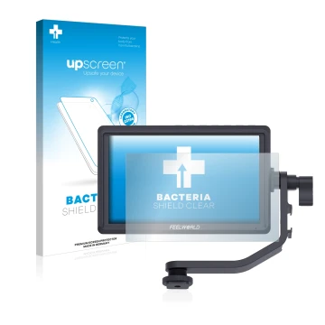 Face avant d’un emballage produit avec le logo de la marque upscreen. À côté, l’appareil Feelworld FW568 5.5