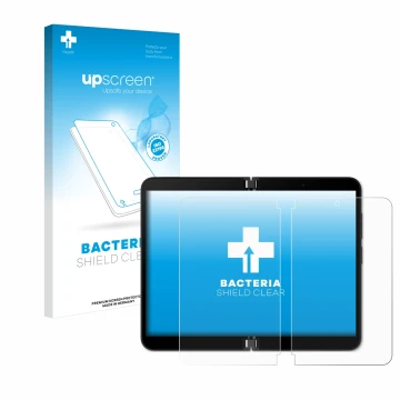 Face avant d’un emballage produit avec le logo de la marque upscreen. À côté, l’appareil Microsoft Surface Duo 2 (Affichage in