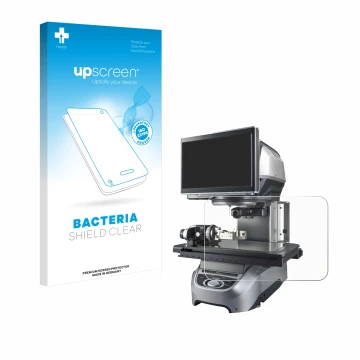 Face avant d’un emballage produit avec le logo de la marque upscreen. À côté, l’appareil Keyence IM-8030 Dessus en verre est r