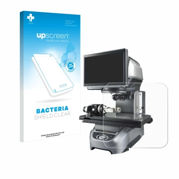 Face avant d’un emballage produit avec le logo de la marque upscreen. À côté, l’appareil Keyence IM-8020 Dessus en verre est r