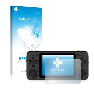 Face avant d’un emballage produit avec le logo de la marque upscreen. À côté, l’appareil Anbernic RG351P est représenté avec l