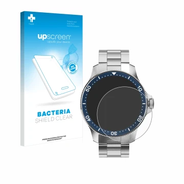 Face avant d’un emballage produit avec le logo de la marque upscreen. À côté, l’appareil Withings ScanWatch Horizon (43 mm) es