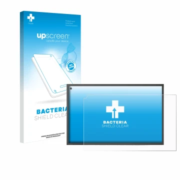 Face avant d’un emballage produit avec le logo de la marque upscreen. À côté, l’appareil Amazon Echo Show 15 est représenté av