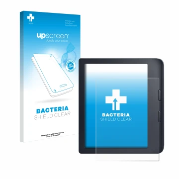 Face avant d’un emballage produit avec le logo de la marque upscreen. À côté, l’appareil Kobo Libra 2 est représenté avec la p