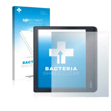 Face avant d’un emballage produit avec le logo de la marque upscreen. À côté, l’appareil Kobo Sage est représenté avec la prot