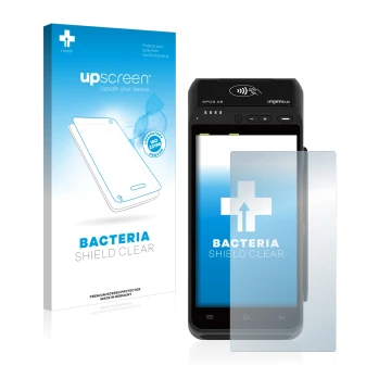 Face avant d’un emballage produit avec le logo de la marque upscreen. À côté, l’appareil ingenico Apos A8 est représenté avec 