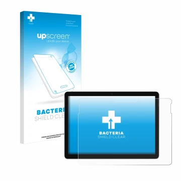 Face avant d’un emballage produit avec le logo de la marque upscreen. À côté, l’appareil Microsoft Surface Go 3 est représenté