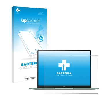 Face avant d’un emballage produit avec le logo de la marque upscreen. À côté, l’appareil Huawei MateBook 14s est représenté av