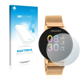 Face avant d’un emballage produit avec le logo de la marque upscreen. À côté, l’appareil Oozoo Q00117 est représenté avec la p