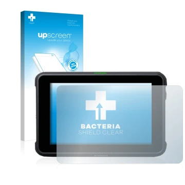 Face avant d’un emballage produit avec le logo de la marque upscreen. À côté, l’appareil Atomos Shinobi 7 est représenté avec 