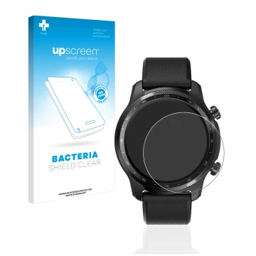 Face avant d’un emballage produit avec le logo de la marque upscreen. À côté, l’appareil Mobvoi Ticwatch Pro 3 Ultra GPS est r