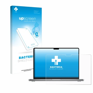 Face avant d’un emballage produit avec le logo de la marque upscreen. À côté, l’appareil Apple MacBook Pro 14