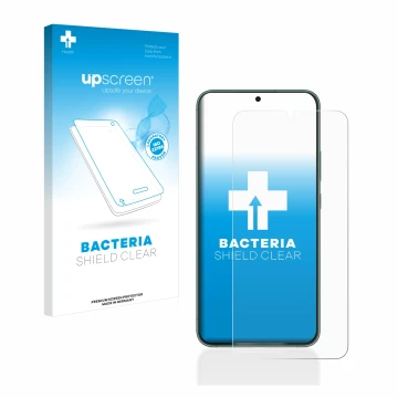 Face avant d’un emballage produit avec le logo de la marque upscreen. À côté, l’appareil Samsung Galaxy S22 Plus 5G est représ