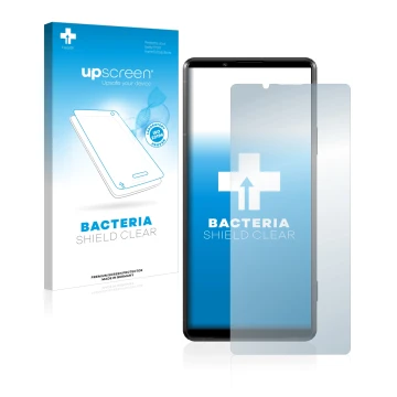 Face avant d’un emballage produit avec le logo de la marque upscreen. À côté, l’appareil Sony Xperia Pro-I est représenté avec