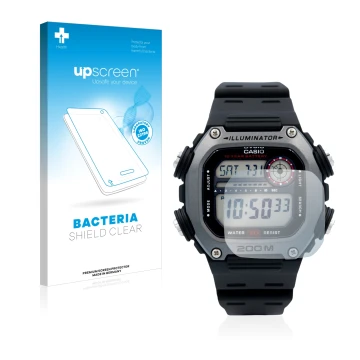Face avant d’un emballage produit avec le logo de la marque upscreen. À côté, l’appareil Casio DW-291H est représenté avec la 