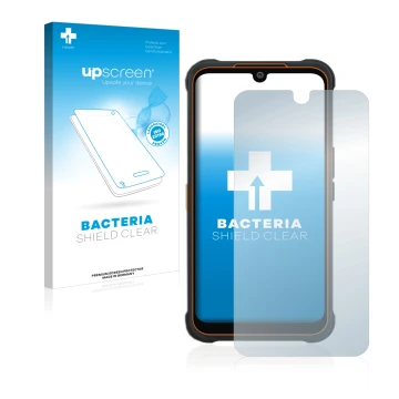Face avant d’un emballage produit avec le logo de la marque upscreen. À côté, l’appareil AGM Glory Pro est représenté avec la 