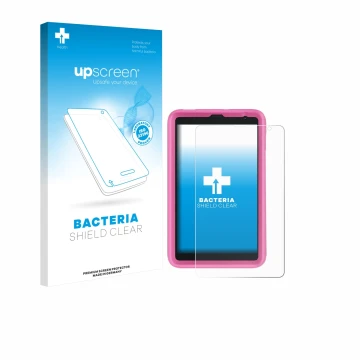 Face avant d’un emballage produit avec le logo de la marque upscreen. À côté, l’appareil Blackview Tab 6 Kids est représenté a