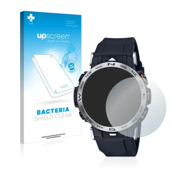 Face avant d’un emballage produit avec le logo de la marque upscreen. À côté, l’appareil Casio Pro Trek PRW-30-1AER est représ