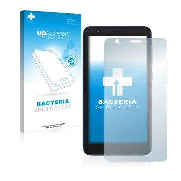 Face avant d’un emballage produit avec le logo de la marque upscreen. À côté, l’appareil ZTE Blade L9 est représenté avec la p